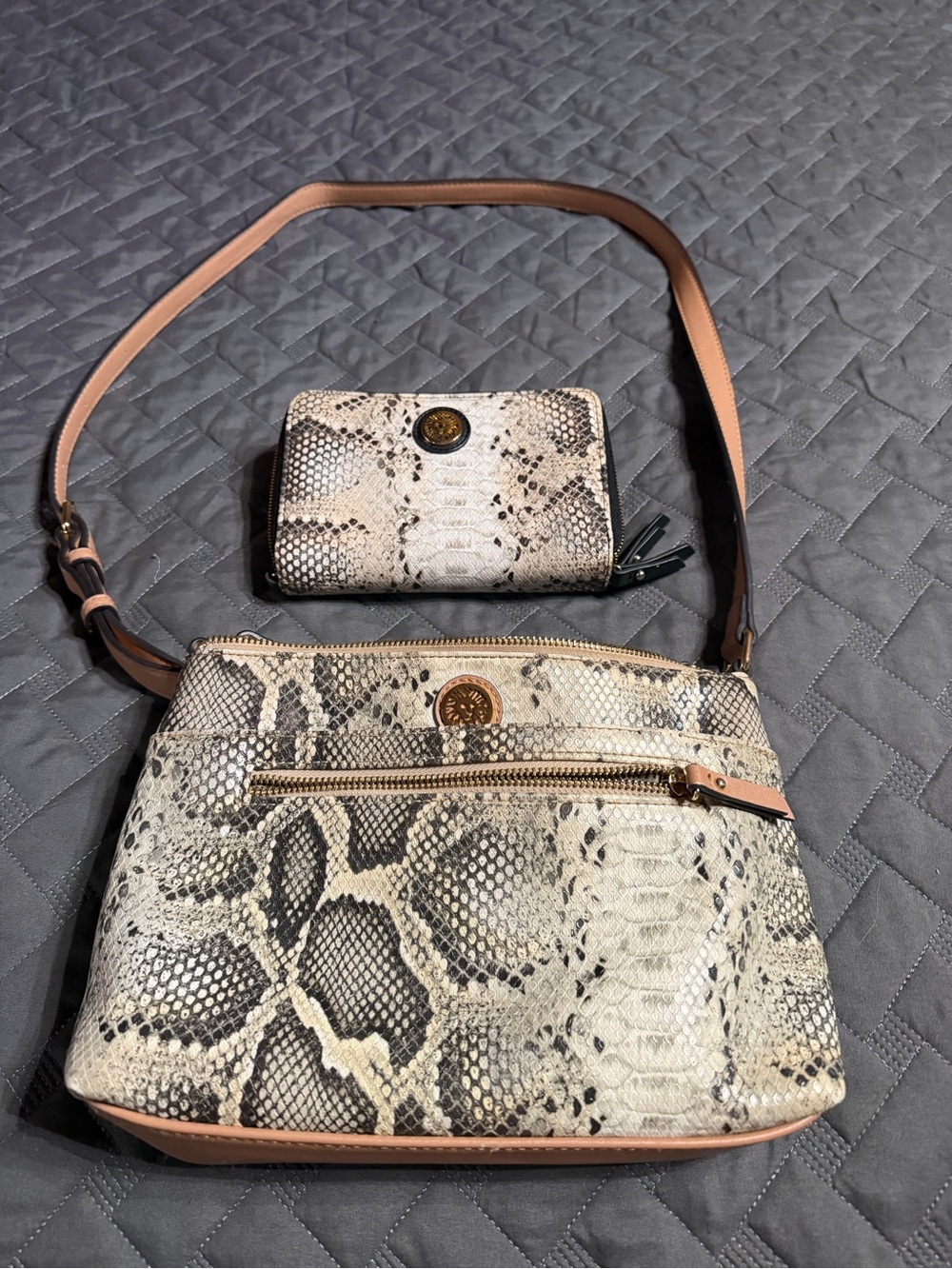 Anne Klein Snake-Print Crossbody Bag and Wallet in Cream and Black with Tan Trim